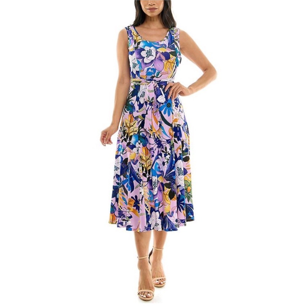 Nina‎ Leonard Floral Midi Dress XL Purple Fit Flare Sleeveless Belted NWT